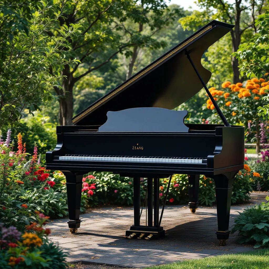 Prompt: Behind  my photo a large grand piano statue present in garden