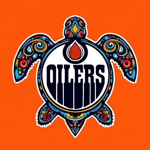 Prompt: A vibrant orange background serves as the canvas for a striking logo that features a stylized turtle shape encompassing the text "OILERS" prominently displayed in bold black letters. The center of the logo boasts a circular design with a drop of oil above the text, surrounded by intricate patterns in rich blues, greens, yellows, and reds, suggesting an indigenous art influence. The turtle's limbs act as decorative elements, enhancing the logo's overall dynamic feel. The combination of bright colors and cultural motifs conveys a strong sense of identity and energy, creating a visually compelling representation of the Oilers brand. based on that oiler jersey, could you design one jesery with all other team being dragged into oil sand at the bottom of the jersey, in the middle, the turtle island sits on top of the stanley cup
