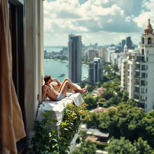 Prompt: un homme et une femme qui bronzent en sous-vêtements sur leurs balcons. La photo est prise de haut