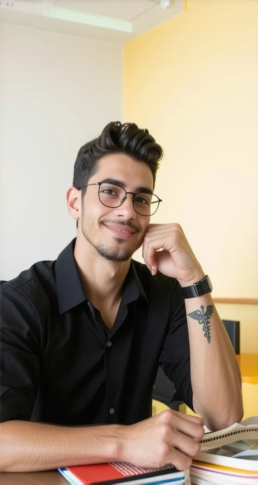 Prompt: In a brightly lit room characterized by soft yellow walls and a vibrant green ceiling, a young man sits casually at a table, exuding a relaxed yet confident demeanor. Sporting a sleek black shirt and stylish glasses, he rests his chin on his hand, offering a slight smile that suggests a friendly engagement. His arm, adorned with a distinctive tattoo featuring a caduceus symbol, hints at a potential medical or health-related theme. The cluttered table beneath him features colorful books, suggesting a moment of study or contemplation. The overall atmosphere radiates warmth and a sense of personal flair, creating an inviting snapshot of his character.
