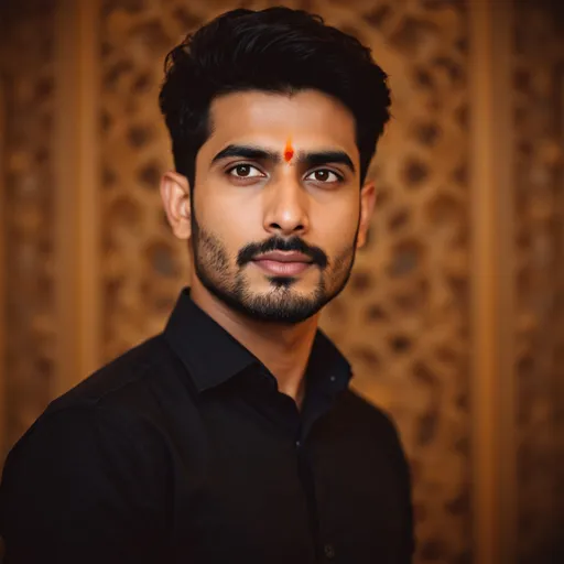 Prompt: In a close-up portrait, a man stands confidently, wearing a dark button-up shirt that accentuates his poised demeanor. His hair is neatly styled, and a subtle mark of orange is noticeable on his forehead, indicative of cultural or spiritual significance. The background features an ornate design, characterized by intricate carvings in earthy tones, suggesting an indoor setting that may belong to a temple or a decorated space. The warm lighting adds a gentle glow to the scene, enhancing the man's expression, which conveys a sense of calmness and sincerity. The composition captures a moment that resonates with personal or cultural importance.