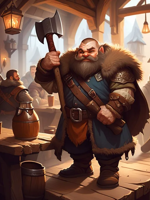 Prompt: dwarf character holding an axe in a tavern , fantasy character art, illustration, dnd, warm tone