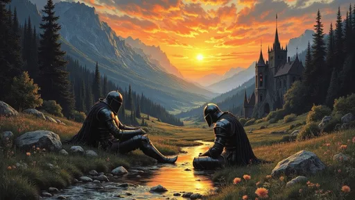 Prompt: A bloodied knight washes himself in a river at sunset. Mountains are visible in the background. The image is grainy.
