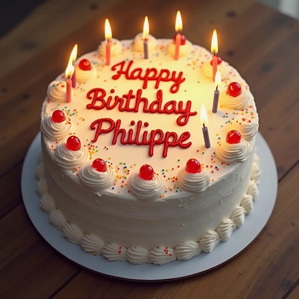 Prompt: Fais une image d’un gâteau d’anniversaire sur lequel est écrit « Bon anniversaire Philippe ». 