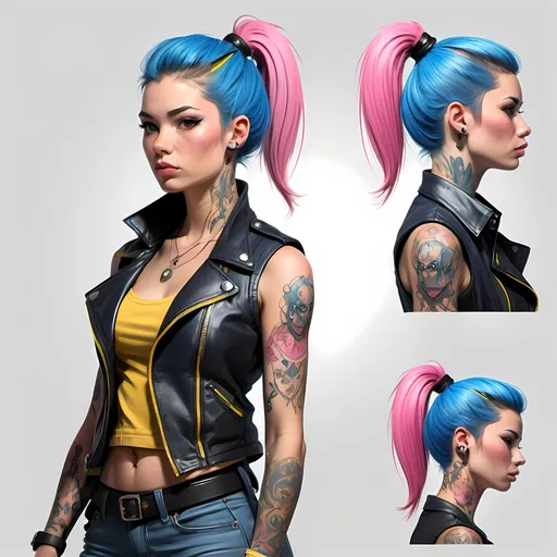 Prompt: Character design sheet woman blue-pink ponytail black leather vest with yellow accents,tattoos