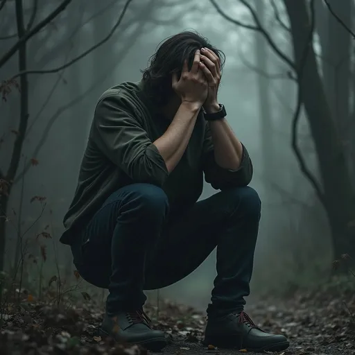 Prompt: a broken man that find solace in the silence. desperation in depression. hopelessness with a touch of anxiety