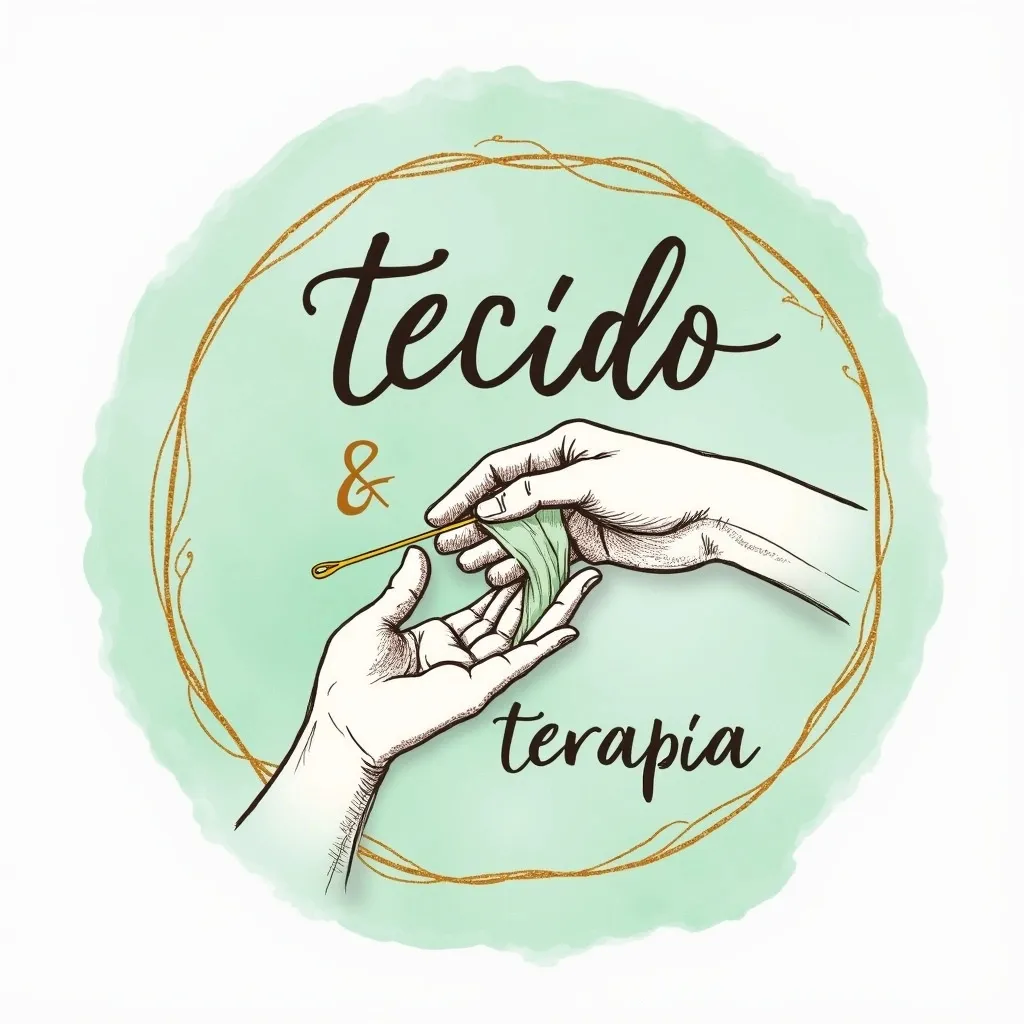 Prompt: A hand-drawn logo for 'Tecido & Terapia'. Two gentle hands holding a piece of fabric with a golden sewing needle, surrounded by a circular frame. Mint green background with gold details, soft watercolor texture. The typography is elegant, combining a cursive font for 'Tecido' and a clean sans-serif for '& Terapia'. Rustic yet luxurious style, symbolizing sewing as self-care.