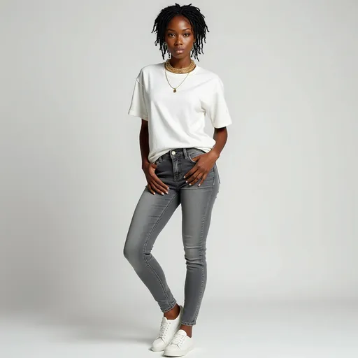 Prompt: A beautiful Black woman, with long, lush lashes, soft glam makeup, a plain white T-shirt, stonewash jeans, white shoes, full body shot, facing the camera, short box braids hairstyle with baby hairs at the edges, gold chain jewelry, professional photography, and a hyper-realistic style.
