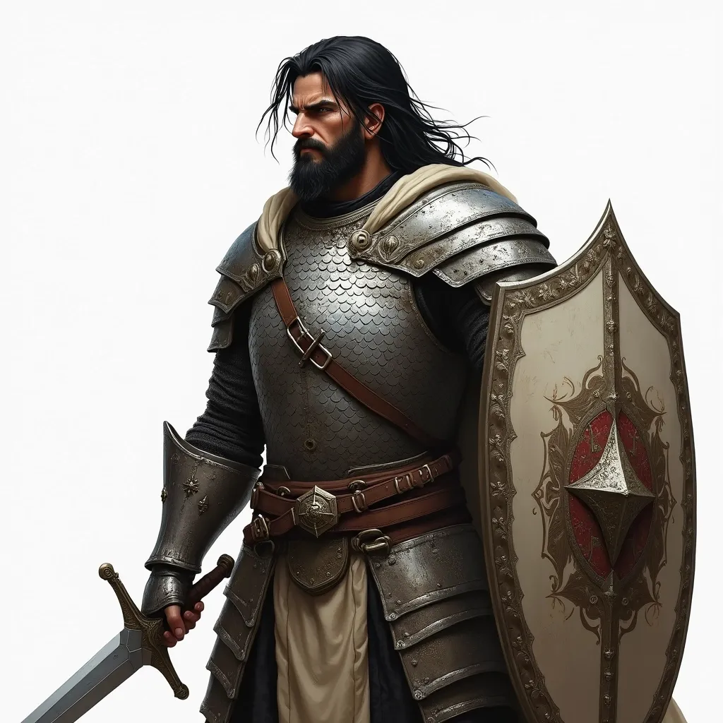 Prompt: Human fighter in scale armor with a shield in his left hand and sword in his right hand. He has black hair and beard with a battle hardened face. He is strong and poised for battle.