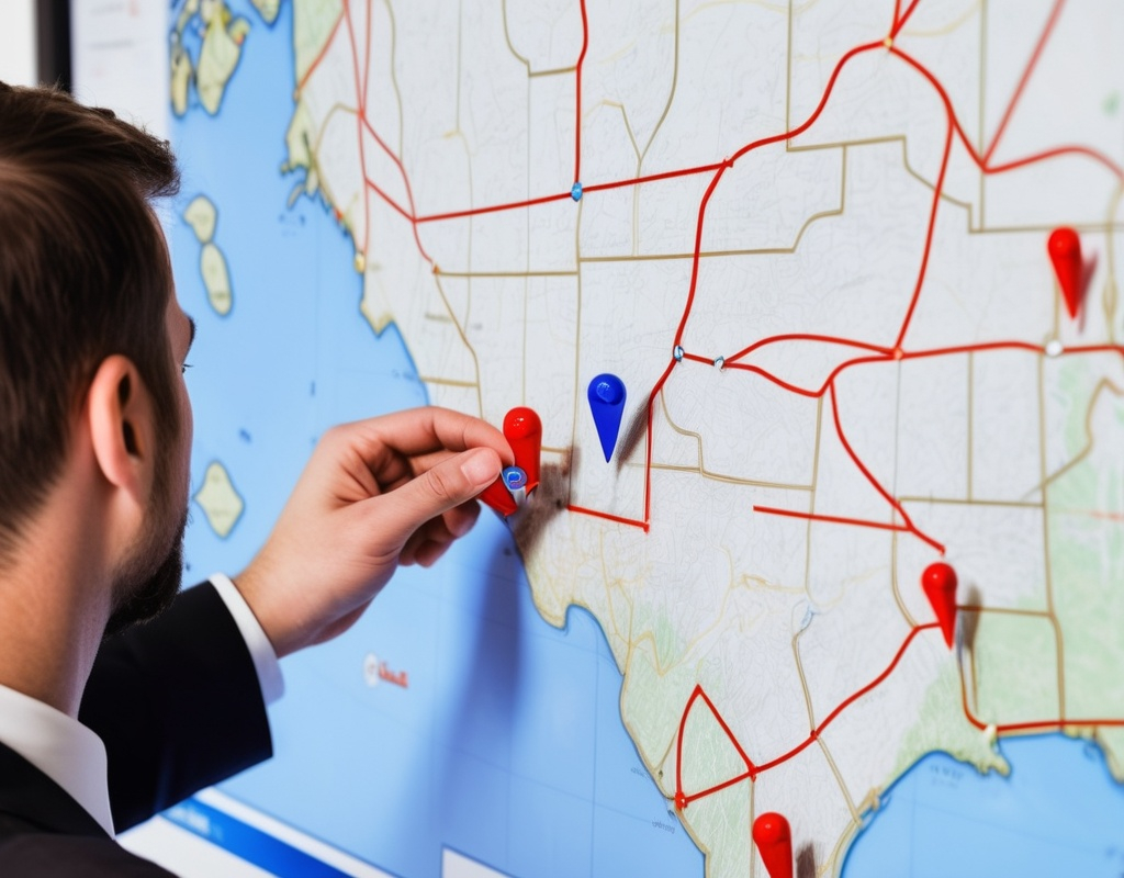 Prompt: project manager viewing map geolocation of blue pins on a map relative to red pins