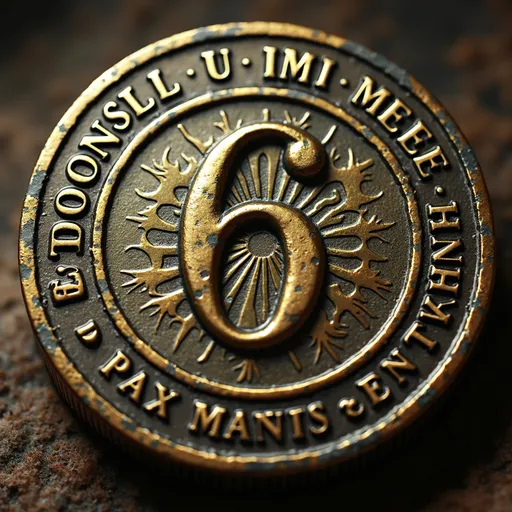 Prompt: An intricately designed emblem coin with an antique, venerable appearance. The central focal point features a prominent arabic numeral "6," engraved with fine, aged details that suggest history and prestige. Surrounding the circumference are elegantly inscribed phrases: "Coonsili u imi mee" and "PAX MENTIS," rendered in classical lettering clear enough tp read but to emphasize age. The coin's surface exudes a rich patina, with tarnished gold and bronze hues, intricate engraved patterns, and signs of gentle corrosion that highlight its antiquity and value. Soft ambient lighting enhances the textured surface, creating gentle shadows that give it a three-dimensional, luxurious feel. The overall mood conveys a sense of timeless integrity and refined sophistication, akin to an ancient, treasured artifact. Rendered in cinematic realistic style to evoke a sense of depth and history.  The coin's orentiation is upright
