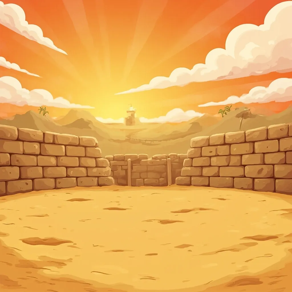 Prompt: sand stone stadium wall with a hot sun backround cartoon