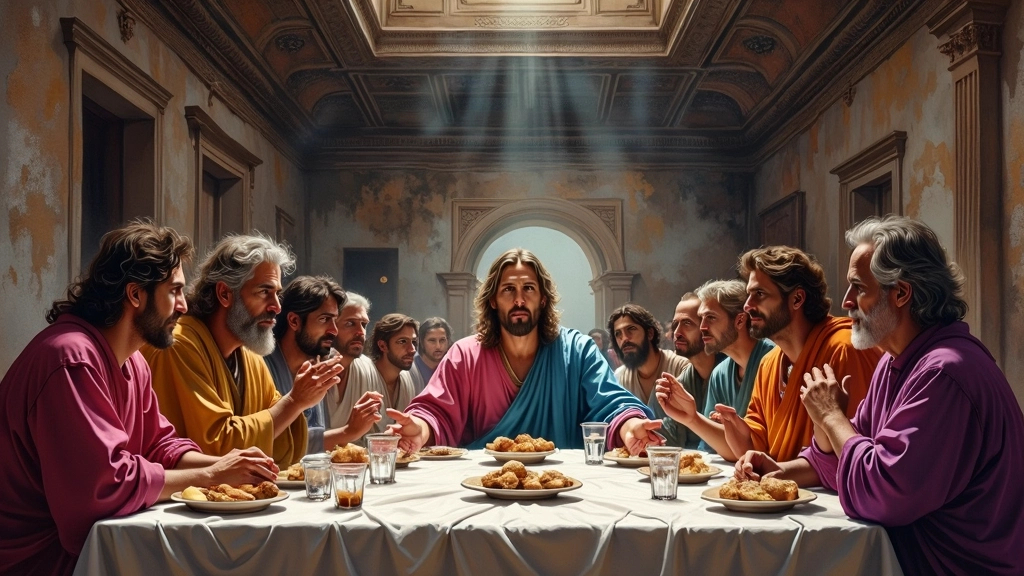 Prompt: In a grand, dimly-lit hall adorned with intricate wall patterns, a long table stretches across the foreground, laden with bread and plates. At the center, Jesus, adorned in a bright blue and pink robe, sits amidst a lively gathering of twelve disciples, each displaying distinct expressions of surprise, confusion, and intrigue. The scene is set in the late evening, as indicated by the soft, warm lighting filtering through the open windows, casting gentle shadows and creating a sense of depth. The disciples are animated, some leaning forward to engage with one another, while others appear contemplative, encapsulating a moment of pivotal conversation. This iconic depiction conveys a profound narrative of camaraderie and impending betrayal, evoking a complex interplay of emotions among the figures.