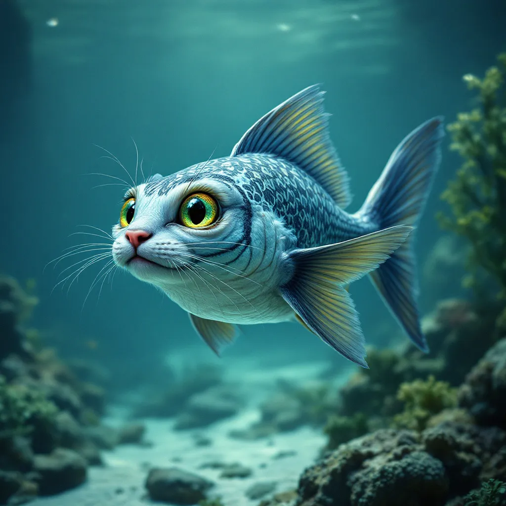 Prompt: Fish with a a face like a cat swim at the water