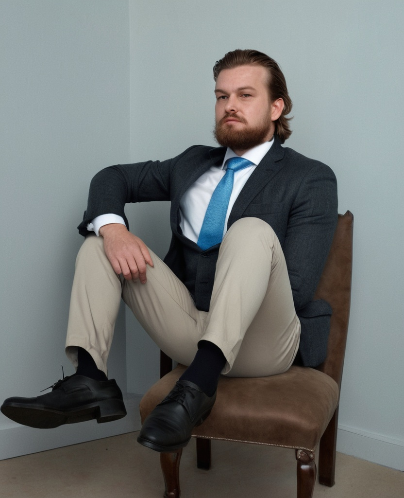 Prompt: Man, sitting on a chair, his feet in black shoes on the front edge of the chair, the arms resting on his knees. He is wearing sand coloured trousers, a dark grey jacket over a white shirt with blue tie. He has brown hair and beard