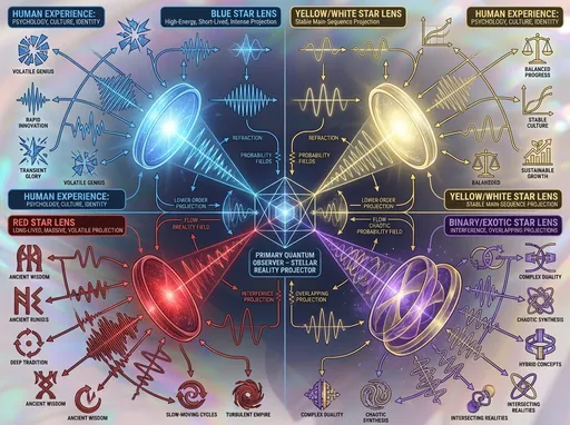 Prompt: Create a high-clarity scientific–philosophical infographic diagram illustrating a speculative cosmological theory.

Core concept:
Stars act as Primary Quantum Observers, locally projecting reality.
Conscious beings (humans, societies, AI) are lower-order observers, whose psychology, culture, and identity are refracted through the star they orbit.

Layout:
• Central geometric construct labelled “Primary Quantum Observer – Stellar Reality Projector”
• Radial or quadrant layout showing different stellar types as lenses
• Flow lines, waveforms, interference patterns, probability fields
• Clear directional arrows showing projection → refraction → human experience

Star lenses to include (clearly separated, colour-coded):
• Blue Star Lens – short-lived, high-energy, intense projection
• Yellow / White Star Lens – stable main-sequence projection
• Red Star Lens – long-lived, massive, volatile projection
• Binary / Exotic Star Lens – interference, overlapping projections

Each lens visually expresses psychological & societal traits using symbols, waveforms, and abstract icons — not people.

Tone & style:
• Clean, legible, academic-cosmic
• Reads like a civilisation tech-tree diagram or quantum systems schematic
• No characters, no faces, no weapons, no cities
• No narrative scenes

Colour palette:
Deep blues, stellar reds, golds, violets — cosmic but readable
Soft glow, precise lines, controlled contrast

Typography (if present):
Minimal, diagrammatic, scientific labels only

Avoid:
People, faces, realism, cinematic drama, fantasy tropes, clutter, chaos

Overall impression:
A single image that communicates what an entire chapter or book would explain.
