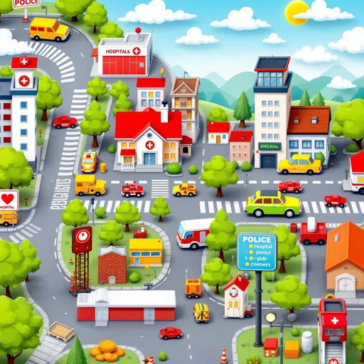 Prompt: A play mat for children featuring urban elements such as streets, schools, hospitals, police stations, fire stations, and more in a cartoon style in high resolution for print
