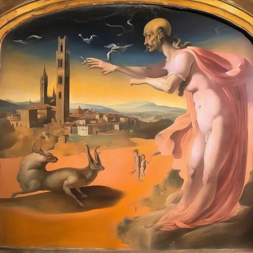 Prompt:  in a Fresco by Italian renaissance master.Object located in Firenze. Salvador dali vision

Post-Apocalyptic Mythology, Imagine a world after a catastrophic event, where mythical creatures have evolved to thrive in the new environment, orange pink golden light
