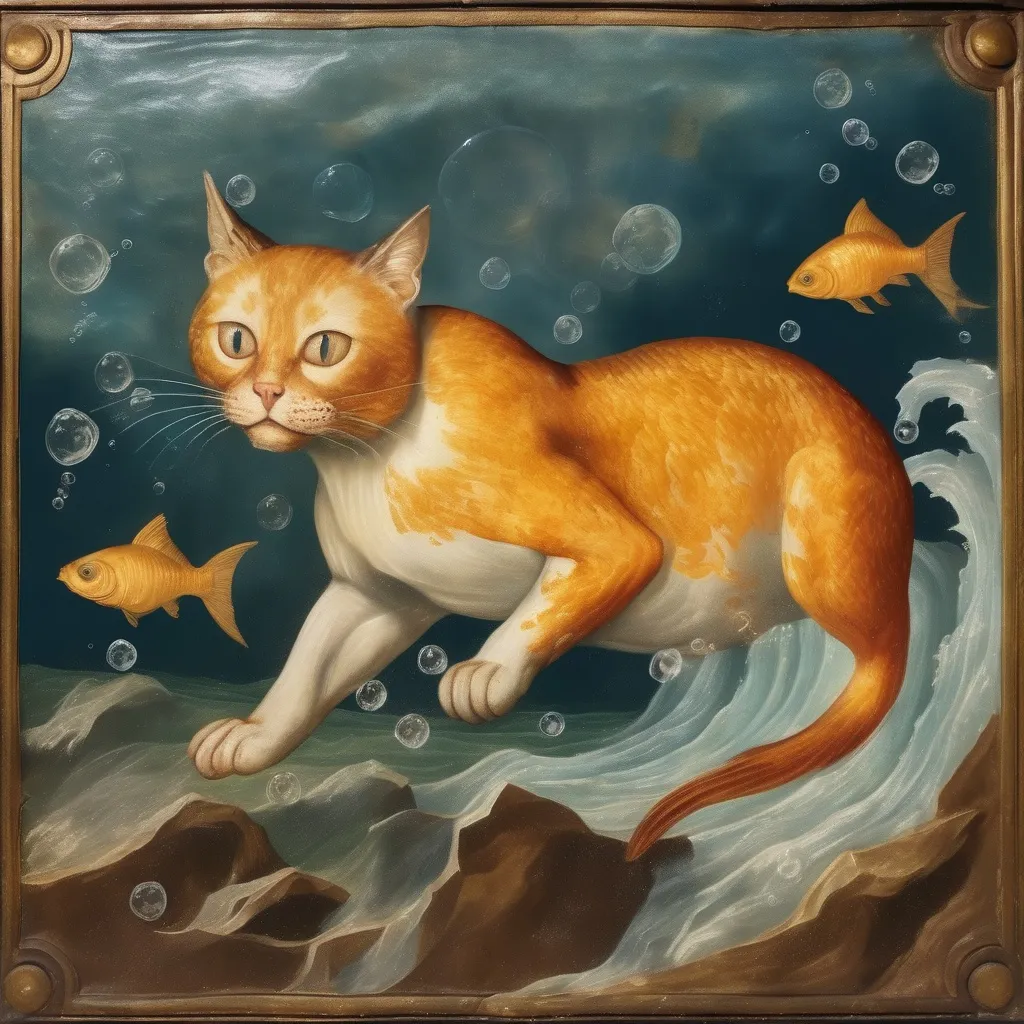 Prompt: Swimming cat with skin like a gold fish in a Fresco by Italian renaissance master.Object located in Firenze. Storm at sea, bubbles with eyes staring at the fish cat