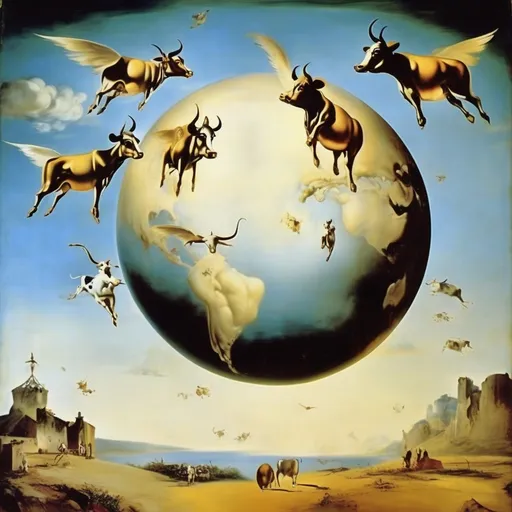 Prompt: Flying cows arriving to earth, salvador dali vision, fresco