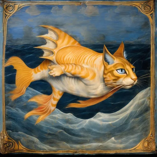 Prompt: Swimming cat with skin like a gold fish in a Fresco by Italian renaissance master.Object located in Firenze. Storm at sea. Blue skin. Fog