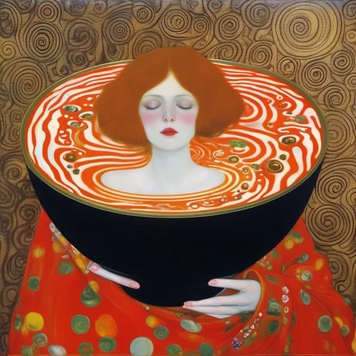 Prompt: Gustav klimt, bowl of tomato soup, trippy swirls in the soup, the love of soup