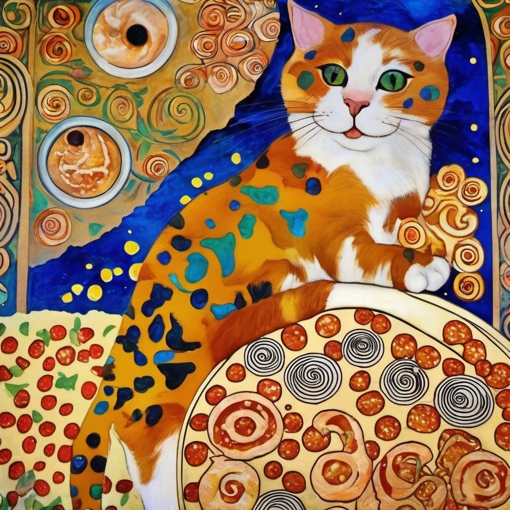 Prompt: In a fresco, Gustav klimt, jugendstil, swirls cat eats a pizza, trippy, shining sand, ceramic
