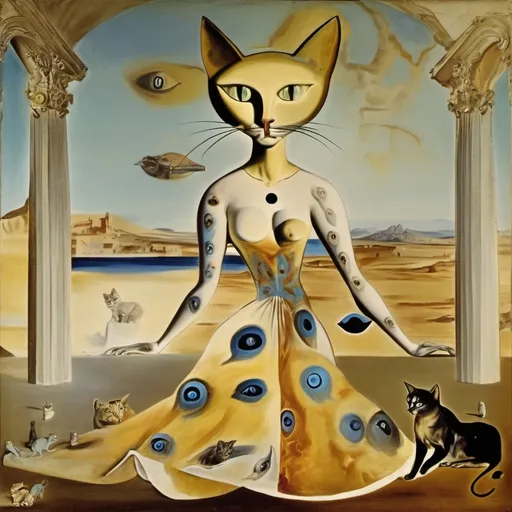 Prompt: Cat goddess, wearing a dress made of animal eyes, in a fresco, salvador dali vision, mystigue