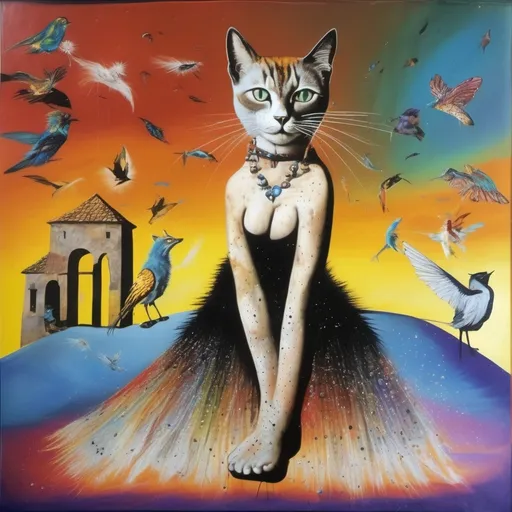 Prompt: in a fresco, Cat goddess wearing a skirt and a top, the skirt is made of starling bird feathers, the top is made of cat hair, salvador dali vision, melting, in the midst of a rainbow thunder storm, the cat is sent by god, illuminated