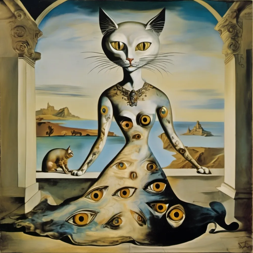 Prompt: Cat goddess, wearing a dress made of animal eyes, in a fresco, salvador dali vision, mystigue
