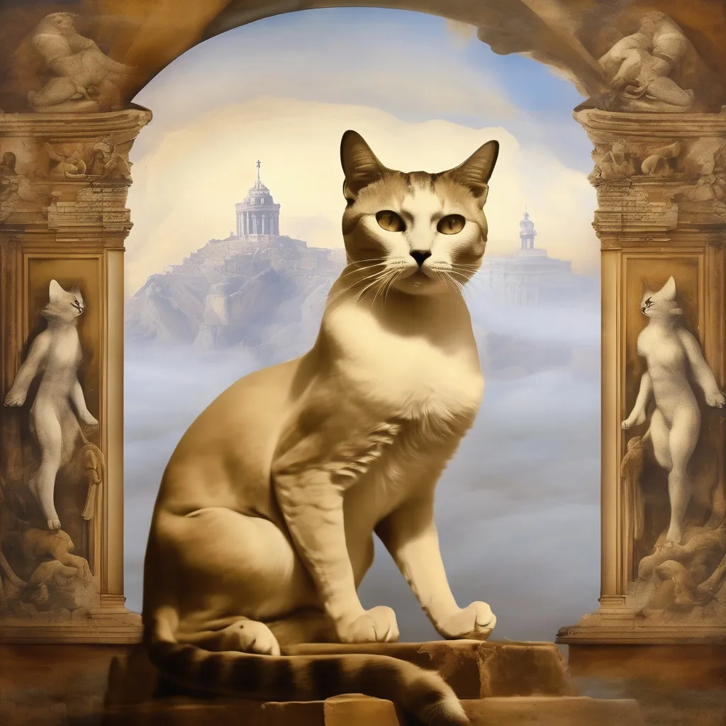 Prompt: Goddess in a Fresco by Italian renaissance master, cats, salvador dali, surreal, heavy fog, temple oasis, cats on the frame, sepia colours