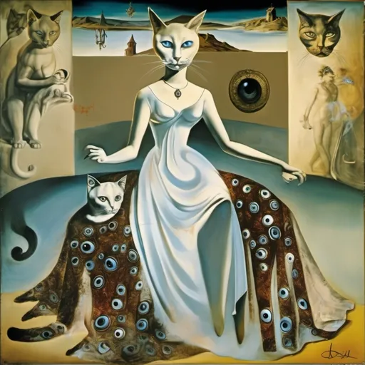 Prompt: Cat goddess, wearing a dress made of animal eyes, in a fresco, salvador dali vision, mystigue