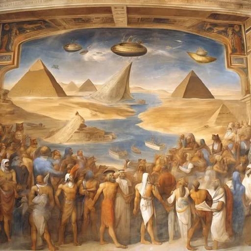 Prompt:  fresco painting, michelangelo, time travelling space ships arriving to egypt, mystery unfolding, cultural interaction with egyptians and extraterrestrials, cats staring at the ships, sandstorm