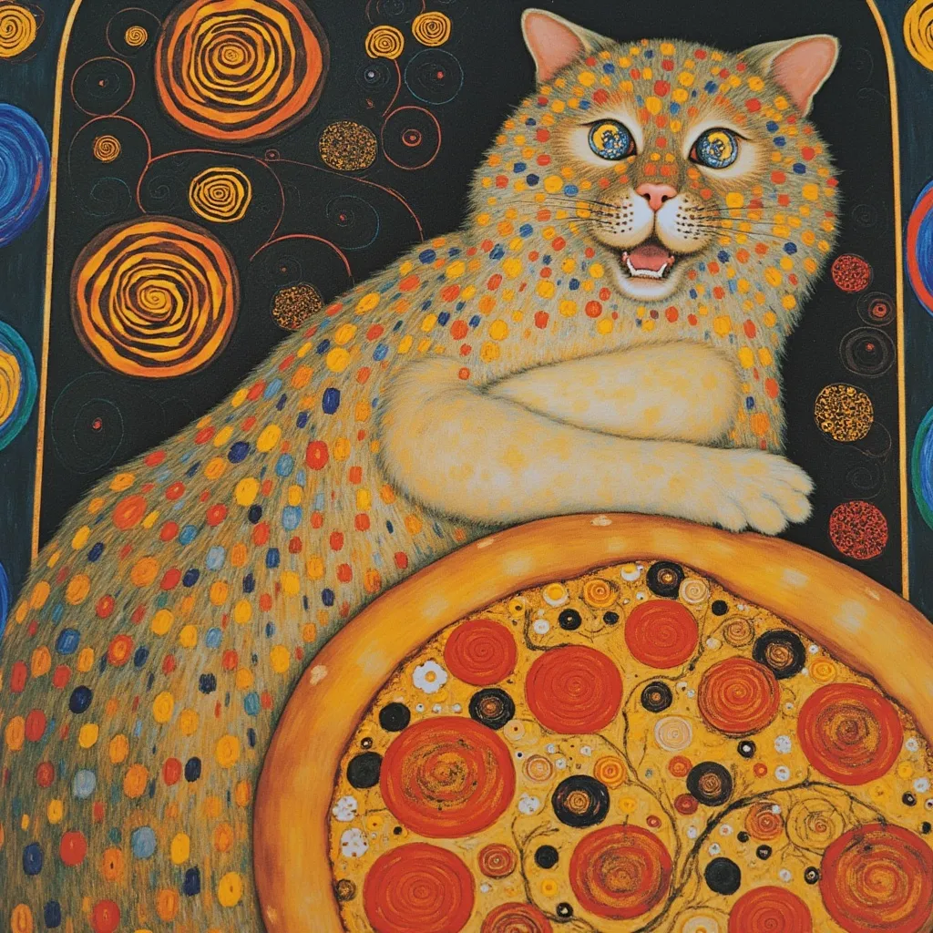 Prompt: Gustav klimt, cat eats a pizza, trippy