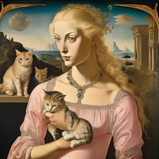 Prompt: Goddess in a Fresco by Italian renaissance master.Object located in cat world. Blonde hair, light pink lace dress, cats on the frame, cats in the eyes, salvador dali, surreal