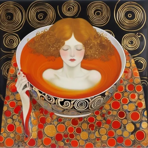 Prompt: Gustav klimt, bowl of tomato soup, trippy swirls in the soup, ceramic bowl with design, woman, gold, 