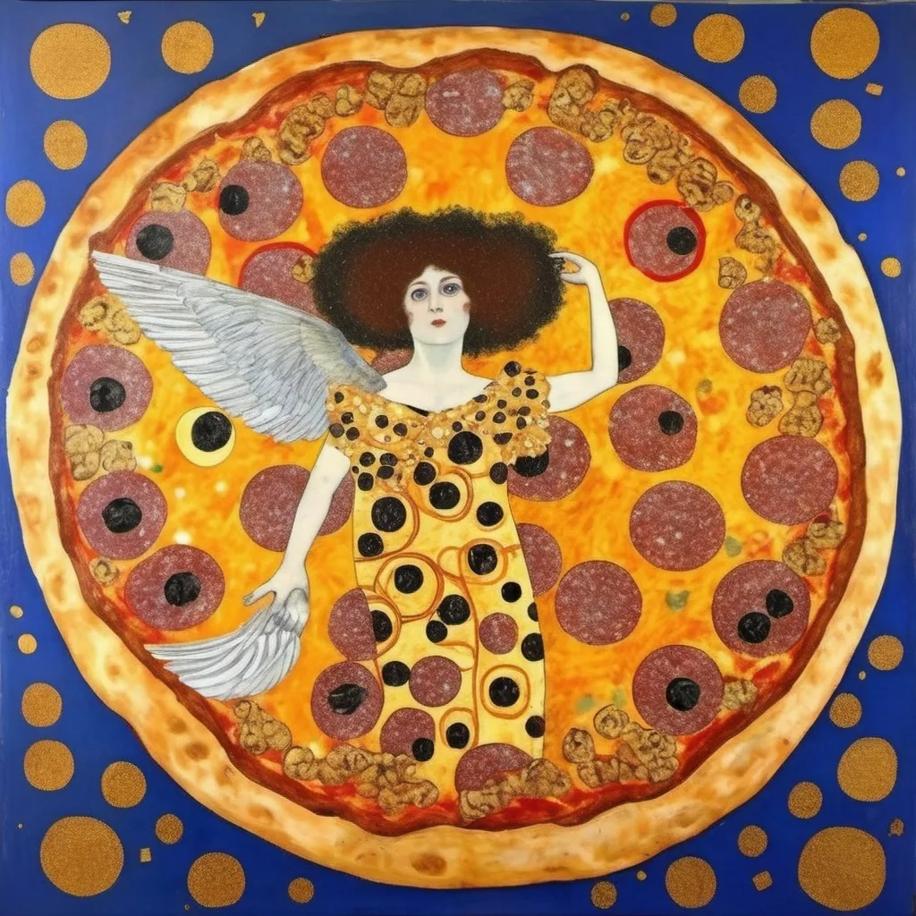 Prompt: Gustav Klimt, in a fresco, flying pizza with wings, coloured background