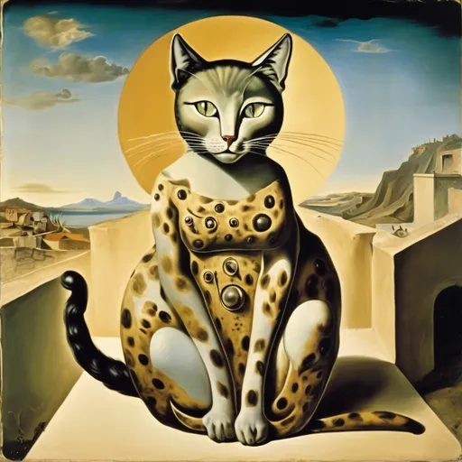 Prompt: Cat goddess, wearing a dress made of animal eyes, in a fresco, salvador dali vision