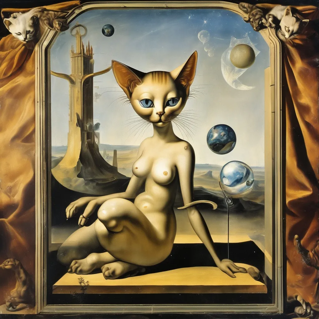 Prompt: Futuristic goddess in a Fresco by Italian renaissance master, cats, salvador dali, surreal, tombe, mythological, cats on the frame, in space,  1600