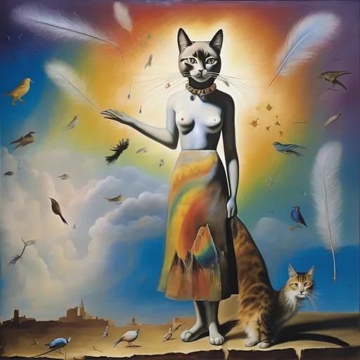 Prompt: in a fresco, Cat goddess wearing a skirt and a top, the skirt is made of starling bird feathers, the top is made of cat hair, salvador dali vision, melting, in the midst of a rainbow thunder storm, the cat is sent by god, illuminated
