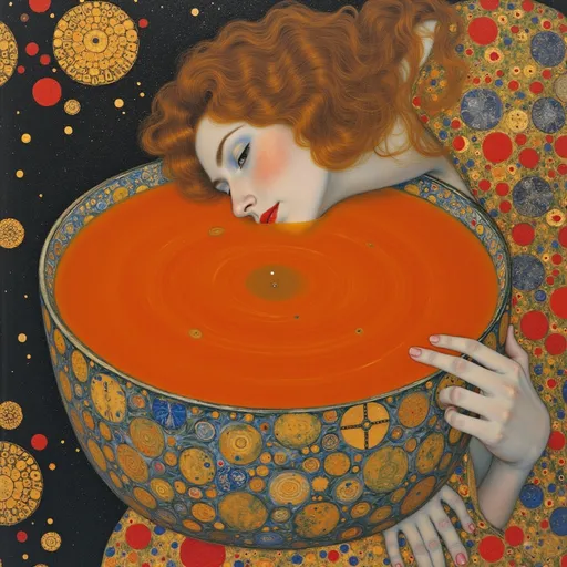 Prompt: Gustav klimt, bowl of tomato soup, woman putting her head in the tomato soup