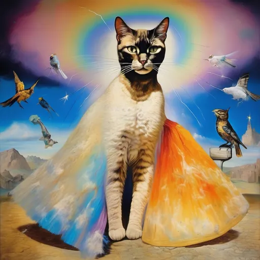 Prompt: in a fresco, Cat goddess wearing a skirt and a top, the skirt is made of starling bird feathers, the top is made of cat hair, salvador dali vision, melting, in the midst of a rainbow thunder storm, the cat is sent by god, illuminated