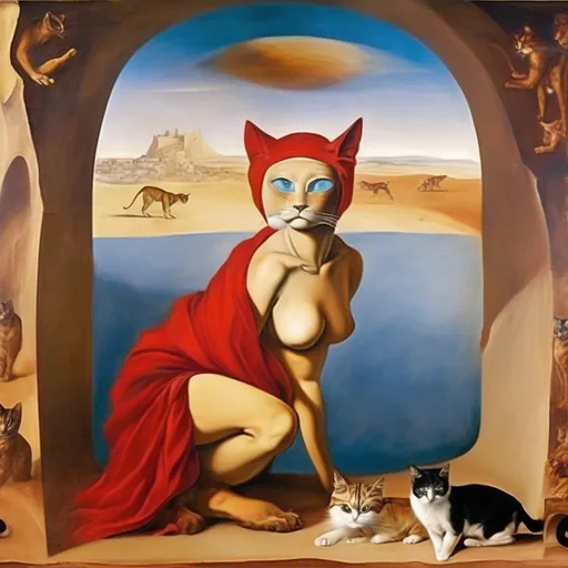 Prompt: Goddess in a Fresco by Italian renaissance master, cats on the frame, cats in the eyes, salvador dali, surreal, red desert, sand storm