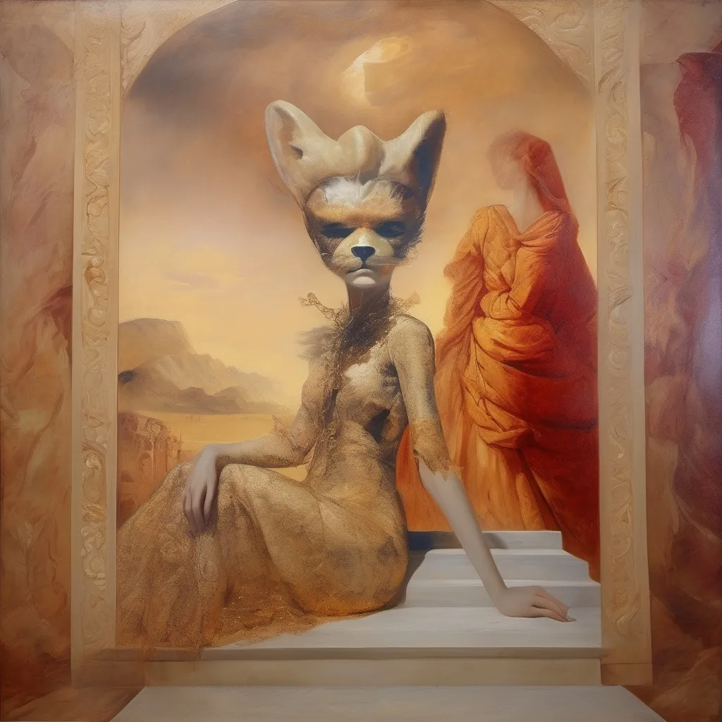 Prompt: Lady with lion-style clothing, lionhair robes, in a Fresco by italian renaissance master, 1600, futuristic portrait, salvador dali vision, mysterious, golden red light, lace, beautiful, appearing from a sandstorm, 