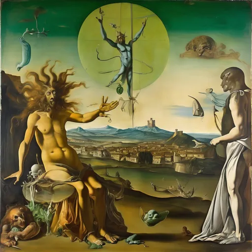 Prompt:  in a Fresco by Italian renaissance master.Object located in Firenze. Salvador dali vision

Post-Apocalyptic Mythology, Imagine a world after a catastrophic event, where mythical creatures have evolved to thrive in the new environment, green lush 

