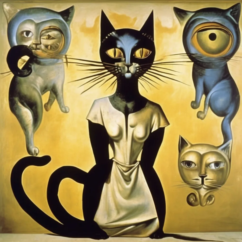 Prompt: Cat goddess, wearing a dress made of animal eyes, in a fresco, salvador dali vision, mystigue