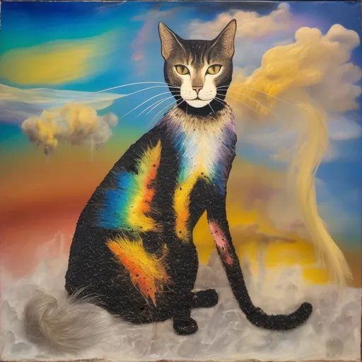 Prompt: in a fresco, Cat goddess wearing a skirt and a top, the skirt is made of starling bird feathers, the top is made of cat hair, salvador dali vision, melting, in the midst of a rainbow thunder storm, the cat is sent by god, illuminated
