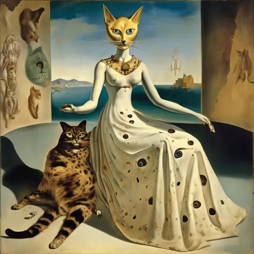 Prompt: Cat goddess, wearing a dress made of animal eyes, in a fresco, salvador dali vision