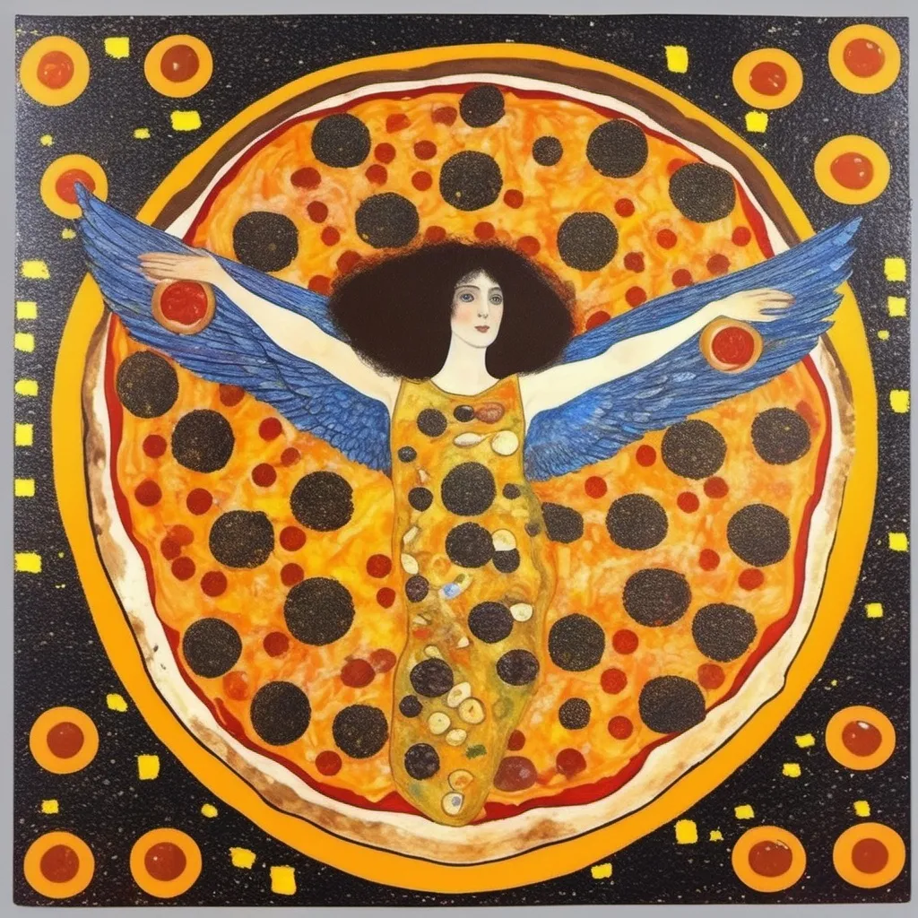 Prompt: Gustav Klimt, in a fresco, flying pizza with wings, coloured background