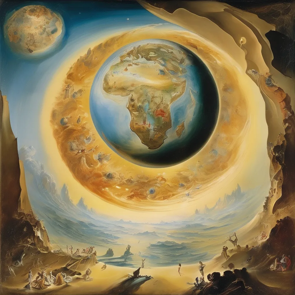 Prompt: (İn a fresco, 1600) (salvador dali vision) The planet earth from inside out, diffetent kşnds of sand, energy radiating from the globe by god, falling stars,